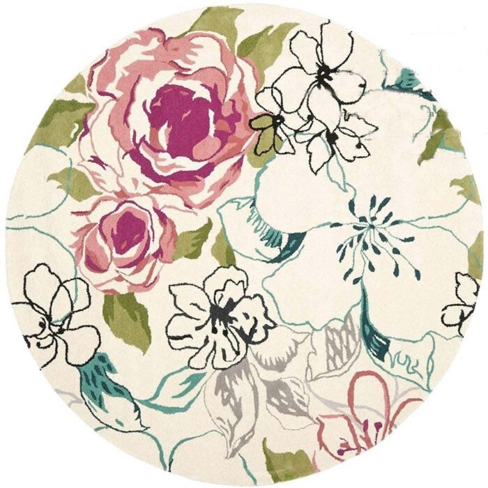 Pink Flower Motif Round Rug